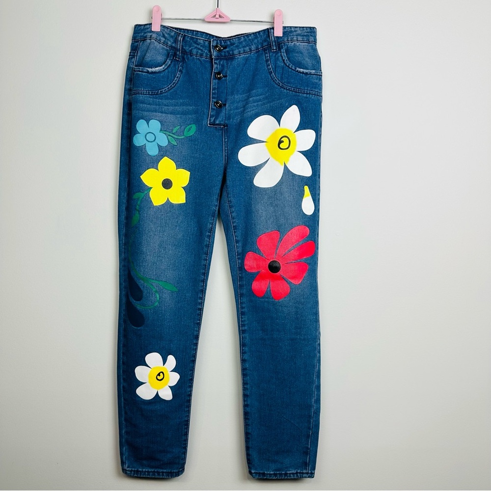 Colorful Floral Straight Leg Jeans Size Large